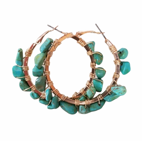 Hand Crafted Boho Turquoise Nugget Wire Wrapped Hoop Earrings - Picture 9 of 14